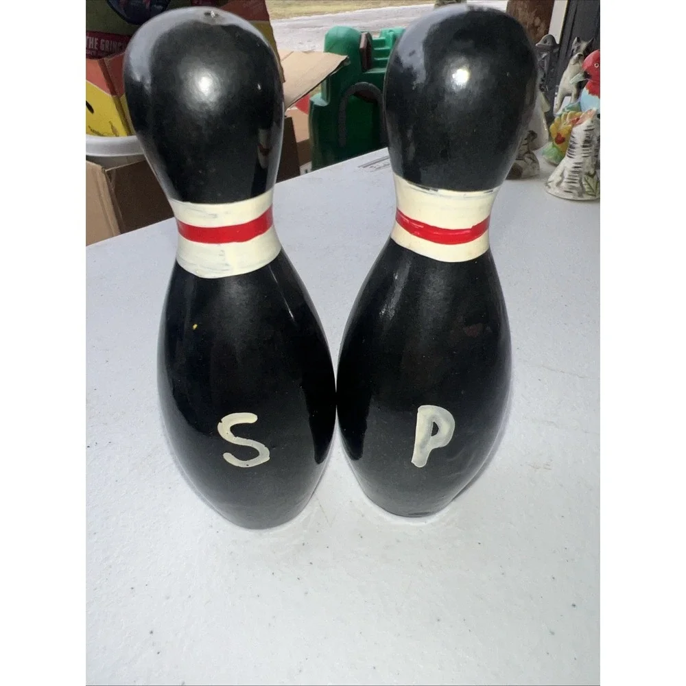 Vintage Black Bowling Pins Salt and Pepper Shakers 1949